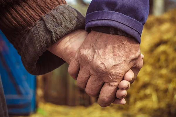 Lovers. Older people hold each other\'s hands. Warm relations. Peasants. The concept of love in the old age between grandfather and grandmother.