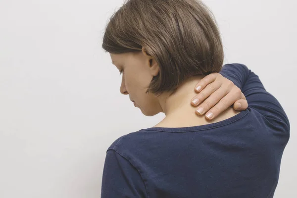 Dolor Cuello Espina Cervical Enferma Fatiga Sufrimiento Espalda Superior — Foto de Stock