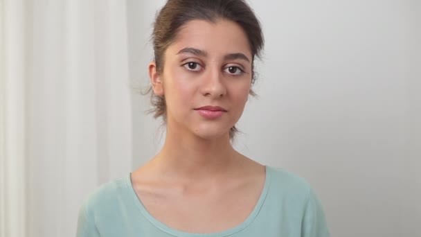 Portrait Indian Student Girl White Background Beautiful Young Mixed Race — Stock Video