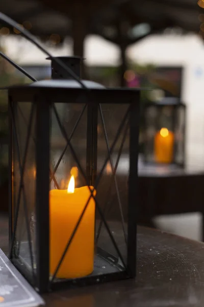 Burning Candle Candlestick Lantern — Stock Photo, Image