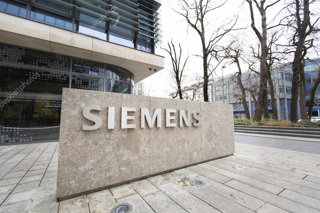 Munich, Germany - Dec 5th, 2019:  Inscription logo Siemens in Munich.