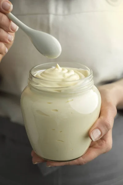 Mayonnaise Glass Jar Close Sour Cream — Stock Photo, Image