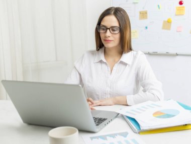 Portrait of a smiling woman financier working at a computer. 