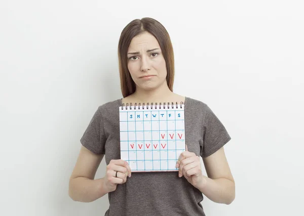 Жінка Має Календар Зазначеними Днями Поняття Менструального Періоду — стокове фото