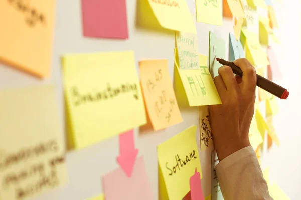 Επιχειρηματίες Χρησιμοποιούν Αυτοκόλλητα Σημειώματα Γράφοντας Ιδέες Ομαδική Εργασία — Φωτογραφία Αρχείου