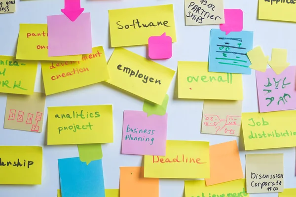 Post Papier Aufkleber Für Notizen Von Geschäftsleuten Der Wand — Stockfoto