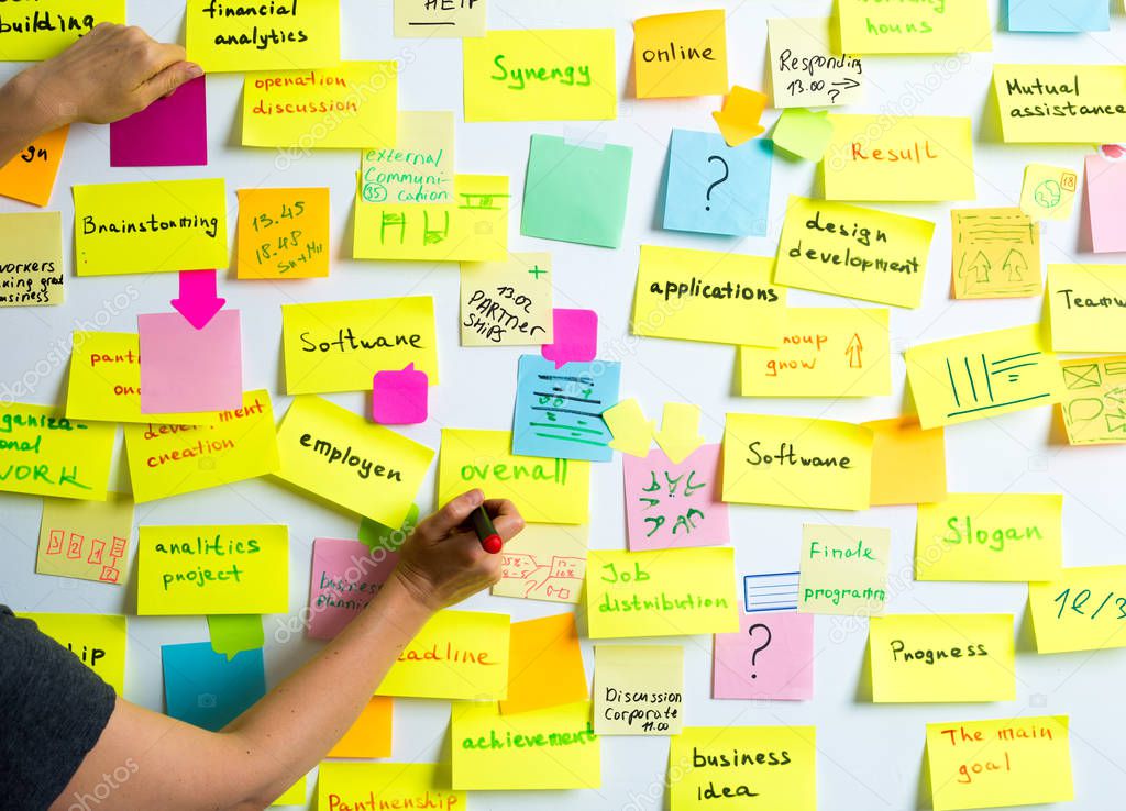 Business people use sticky notes post, writing down ideas. Teamwork.