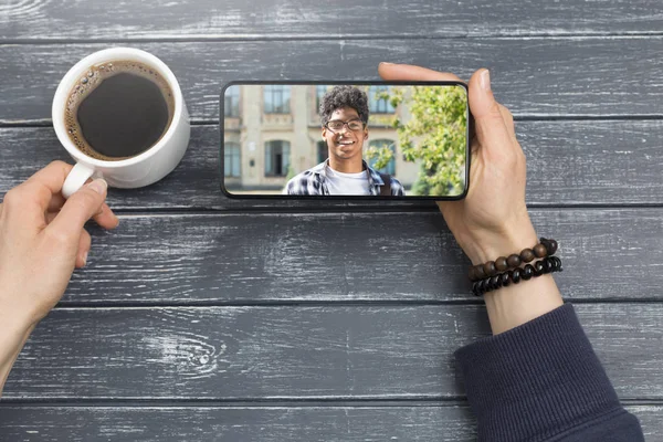 Online Conference Smartphone Video Call Afro American Student — Stock Photo, Image