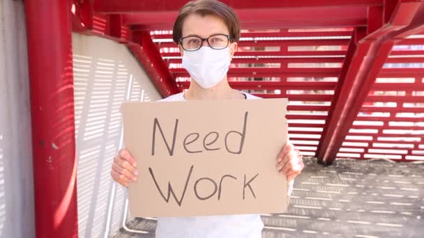 Woman Holding Signage Need Work Message — Stock Video