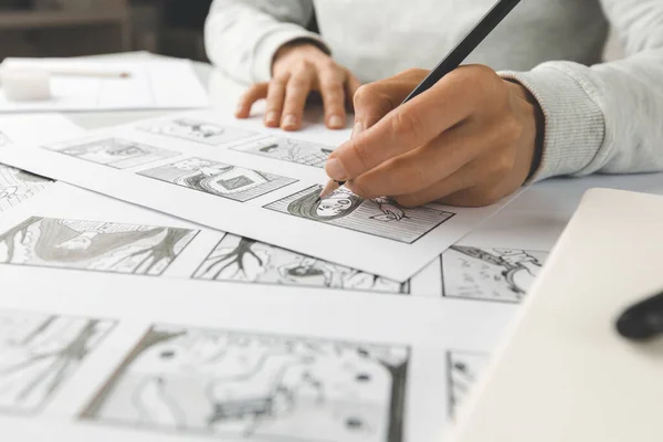 Hands Draw Pencil Storyboard Film Artist Draws Cartoon Characters — Stock Photo, Image