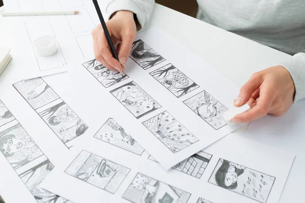 Hands Draw Pencil Storyboard Film Artist Draws Cartoon Characters — Stock Photo, Image