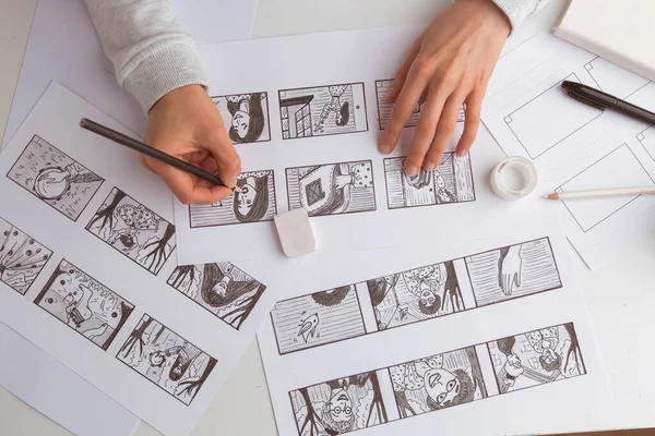 Animator Artist Draws Pencil Storyboard Cartoon Pre Production Video Film — Stock Photo, Image