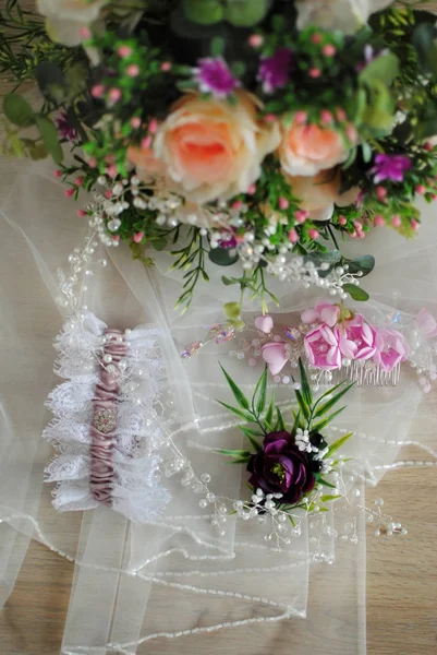 Casamento Elegante Detalhes Casamento Buquê Noiva Acessórios Femininos Estilo Vida — Fotografia de Stock