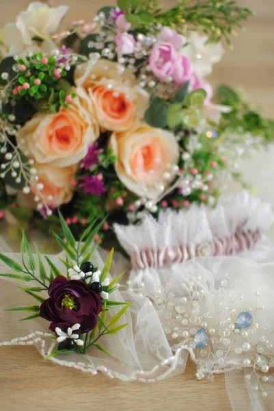 Casamento Elegante Detalhes Casamento Buquê Noiva Acessórios Femininos Estilo Vida — Fotografia de Stock