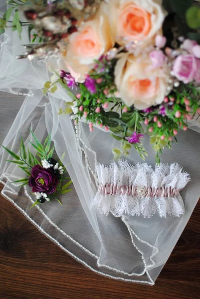 Casamento Elegante Detalhes Casamento Buquê Noiva Acessórios Femininos Estilo Vida — Fotografia de Stock