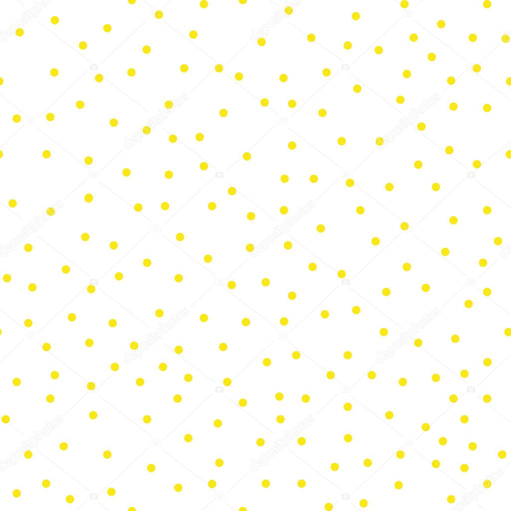Ditsy vector polka dot pattern with scattered hand drawn small circles in yellow gold and white colors. Seamless texture in vintage 1960s fashion style. Modern hipster background with round shapes