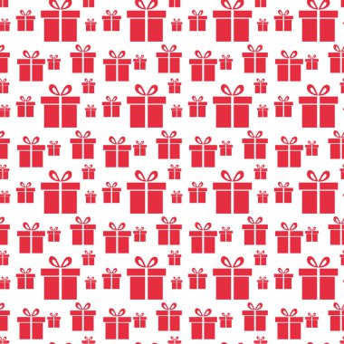 Kusursuz vektör hediye deseni, beyaz arkaplanda kırmızı hediye kutuları.