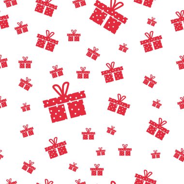 Kusursuz vektör hediye deseni, beyaz arkaplanda kırmızı hediye kutuları