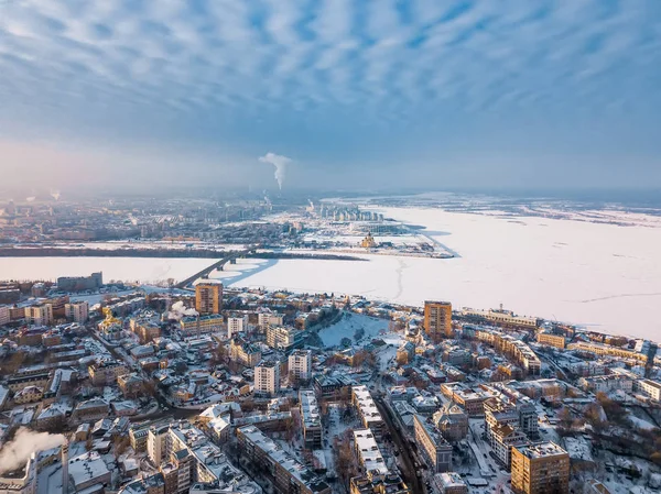 Stadtblick Aus Der Vogelperspektive Auf Eine Winterstadt Morgengrauen Nebel — Stockfoto