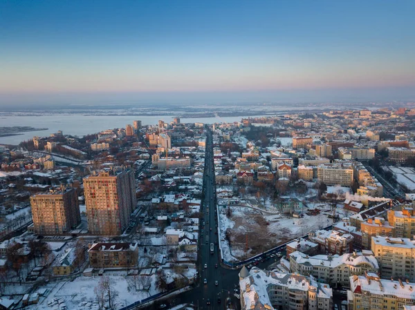 Stadtblick Aus Der Vogelperspektive Auf Eine Winterstadt Morgengrauen Nebel — Stockfoto