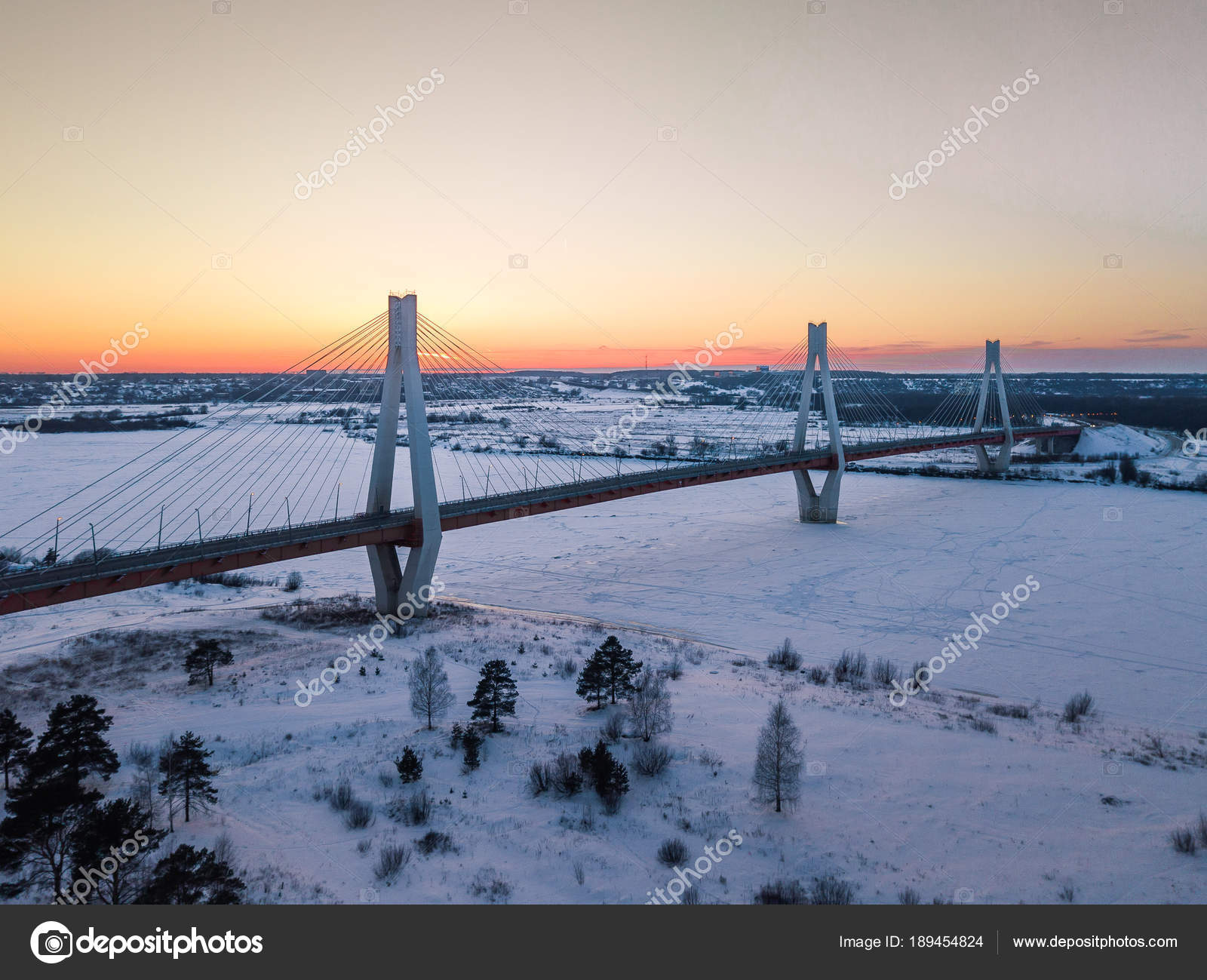 Coucher Soleil Hiver Pont Sur Rivière Soleil Est Souhaitable