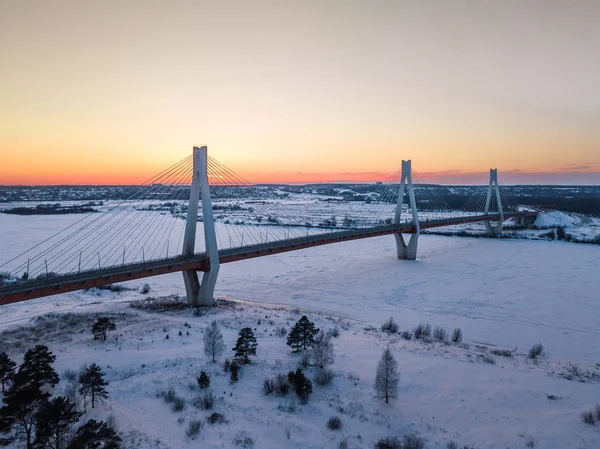 Захід Сонця Взимку Міст Через Річку Сонце Захоче Річка Льоду — стокове фото