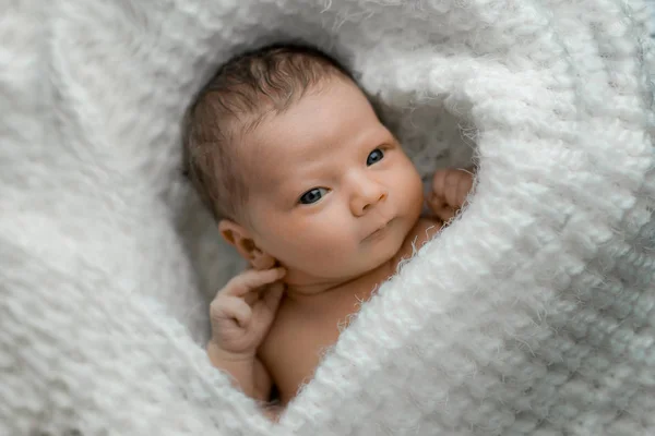 Yeni doğmuş bir bebek üzerinde beyaz ekose portresi.
