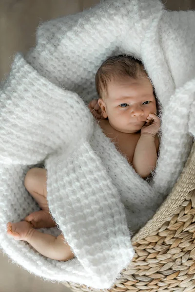 新生児は 籐のバスケット 白い毛布に ロイヤリティフリーのストック写真