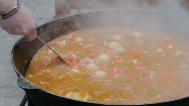 Bograch パプリカ 餃子とスープ 大釜で伝統的なハンガリーのグーラッシュ 食事は屋外暖炉で調理 中央ヨーロッパで人気のあるおいしいと健康食品 — ストック動画
