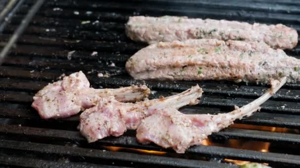Gemarineerd Gegrild Lam Kebab Vlees Rook Houtskoolwarmte — Stockvideo