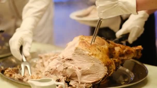 Chef Shares Knife Newly Cooked Large Meat Leg Bone — Stock Video