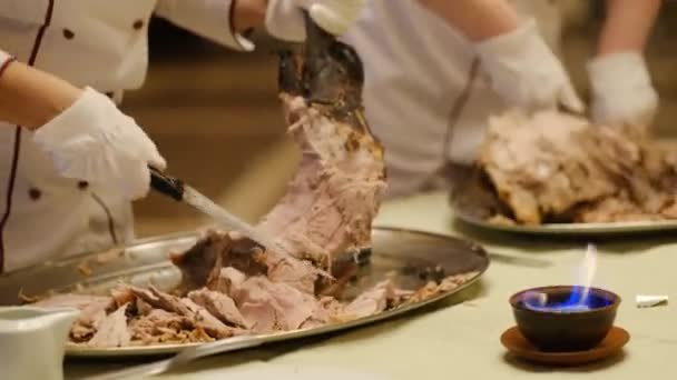 Chef Shares Knife Newly Cooked Large Meat Leg Bone — Stock Video