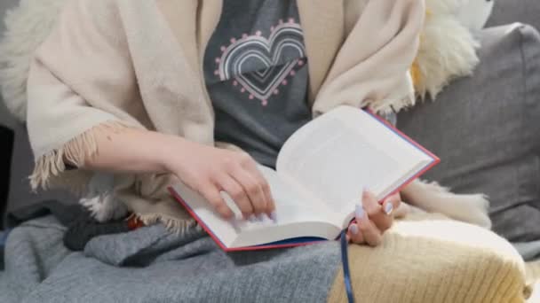 Young Woman Reading Book Wrapped Plaid Quarantined — Stock Video