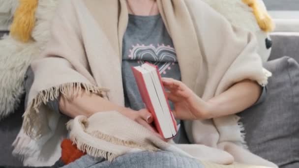 Young Woman Reading Book Wrapped Plaid Quarantined — Stock Video