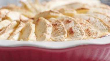 Tarçınlı ve peynirli taze pişmiş elmalı turta. Ev yapımı hamur işleri. Lezzetli. Yakın çekim..