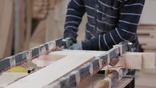 Joiner Handles Wooden Products Work Carpentry Workshop Production Furniture — Stock Video