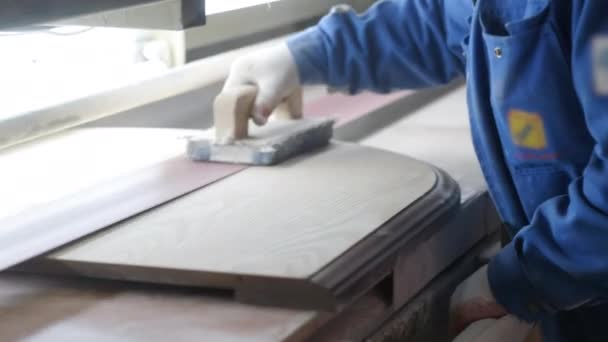 Joiner Handles Wooden Products Work Carpentry Workshop Production Furniture — Stock Video