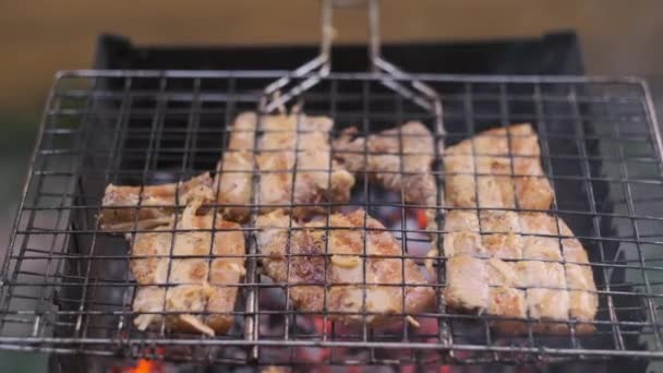 Bife Grelhado Carne Grelhada Churrasco Comida Rua Fumo Carvão Vegetal — Vídeo de Stock