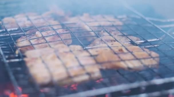 Gegrilde Biefstuk Gegrilleerd Vlees Barbecue Straatvoedsel Rook Houtskoolwarmte — Stockvideo