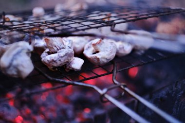 Kızarmış salamura mantar. Duman ve kömür ısısı. Akşam vakti.