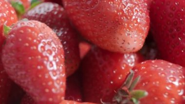 Olgun taze çilekler kapanıyor. Organik olgun çilek. Hijyen, diyet ve sağlıklı gıda kavramı.