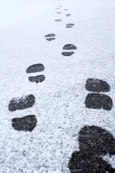 Winter foot steps in the snow on the ground