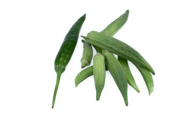 Groene Chili Okra Witte Achtergrond — Stockfoto