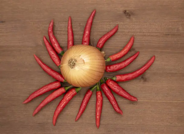 Una cebolla y varias vainas de pimienta se pliegan en una figura que simboliza el sol . —  Fotos de Stock