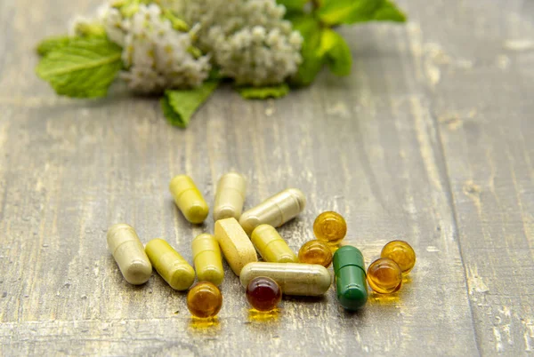 Pilules Et Capsules En Gros Plan, Derrière Des Herbes Médicinales Floues . — Photo