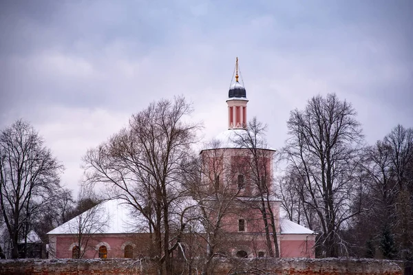 Rosa kyrka på en bakgrund av en dyster vinter himmel. — Stockfoto