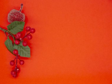 Yeşil yapraklı bir dal, kırmızı arkaplanda elma ve böğürtlen..