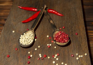 Ahşap bir yüzeyde kırmızı ve beyaz biberli iki tahta kaşık..