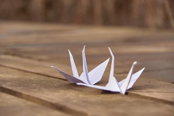 Due Gru Origami Uno Sfondo Legno Simbolo Pace Speranza Focus — Foto Stock