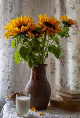 A bright bouquet of sunflowers in a vintage clay jug on a lace tablecloth by the curtained window. 